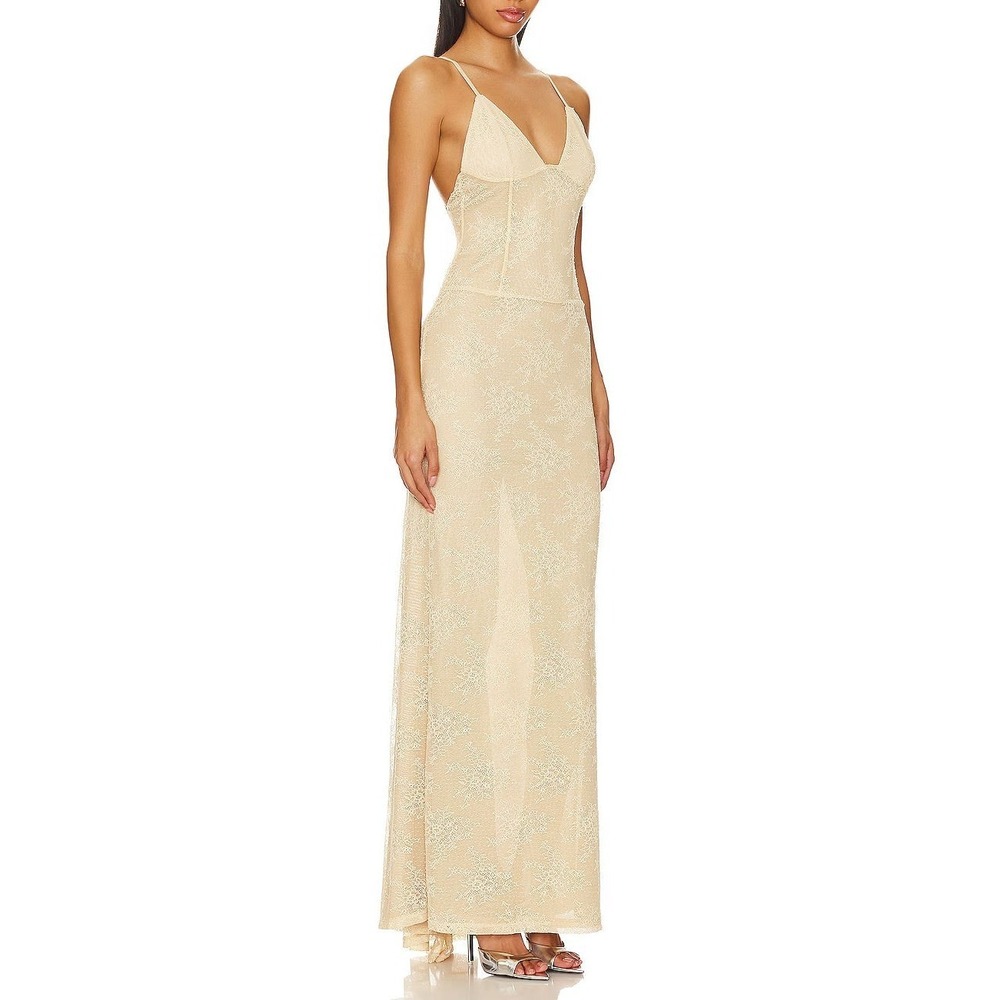 NBD Cozette Lace Overlay Spaghetti Strap Maxi Dress Gown - Sand Neutral -‎ Small